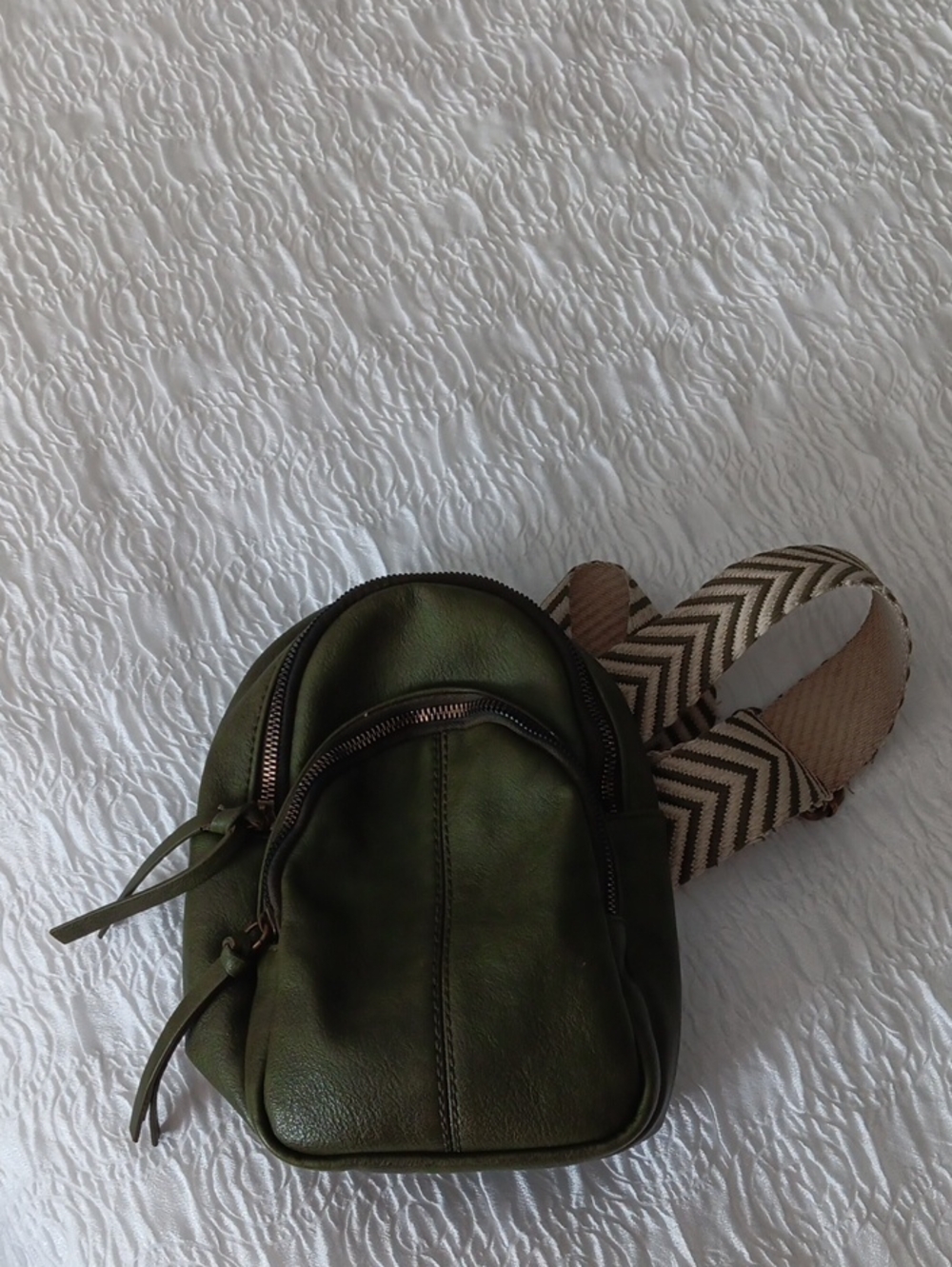 Compact Olive Green Mini Backpack with Chevron Strap